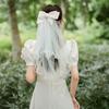 1 шт. Свадебная фата с кружевной кромкой, короткая, элегантный бант, жемчуг, свадебные аксессуары, двухслойная, белая, из тюля для женщин