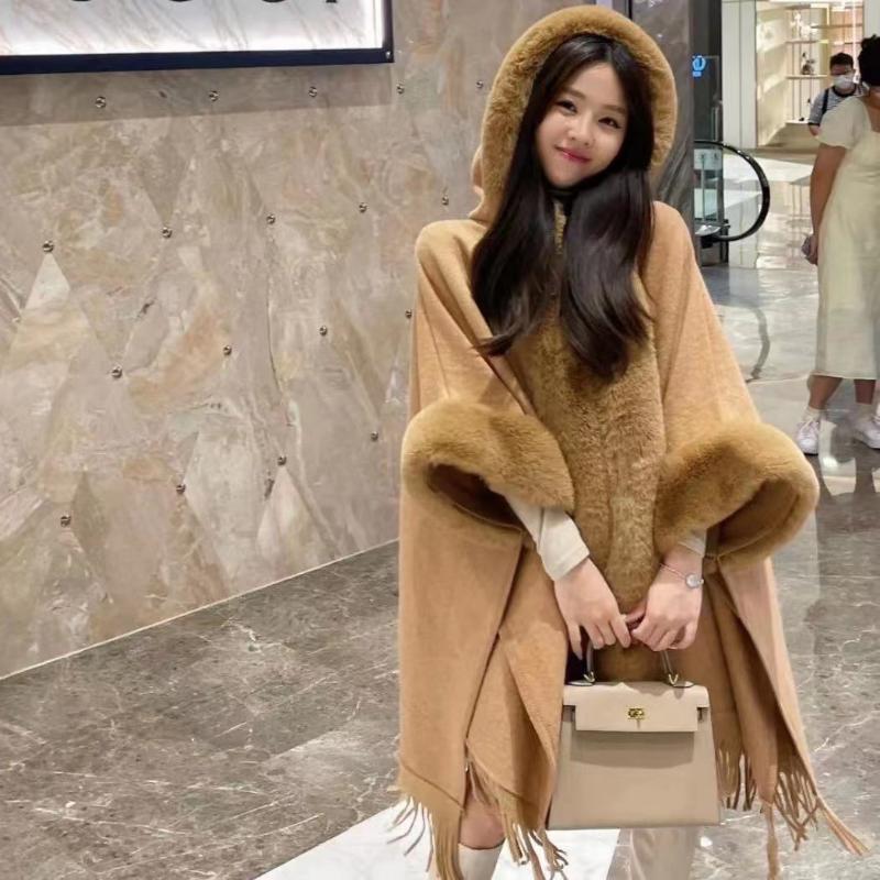 Зимняя женская шаль-накидка, куртка с меховым воротником, шаль с капюшоном, твидовая куртка, кардиган большого размера