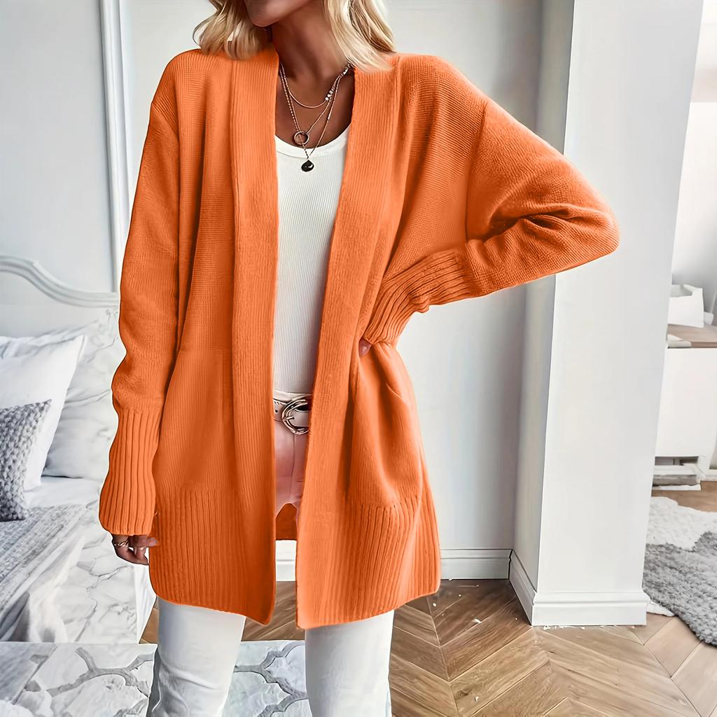 Женский вязаный кардиган средней длины однотонный с длинным рукавом куртка свитер вязаный свитер