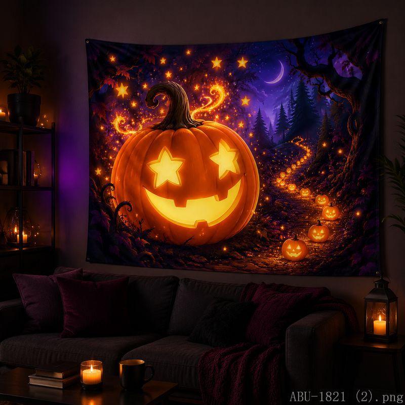 Halloween Tapestry Pumpkin Black Cat Candle Moon Maple Leaf Starry Print Bedroom Home Party Wall Hanging Backdrop Decor Cloth