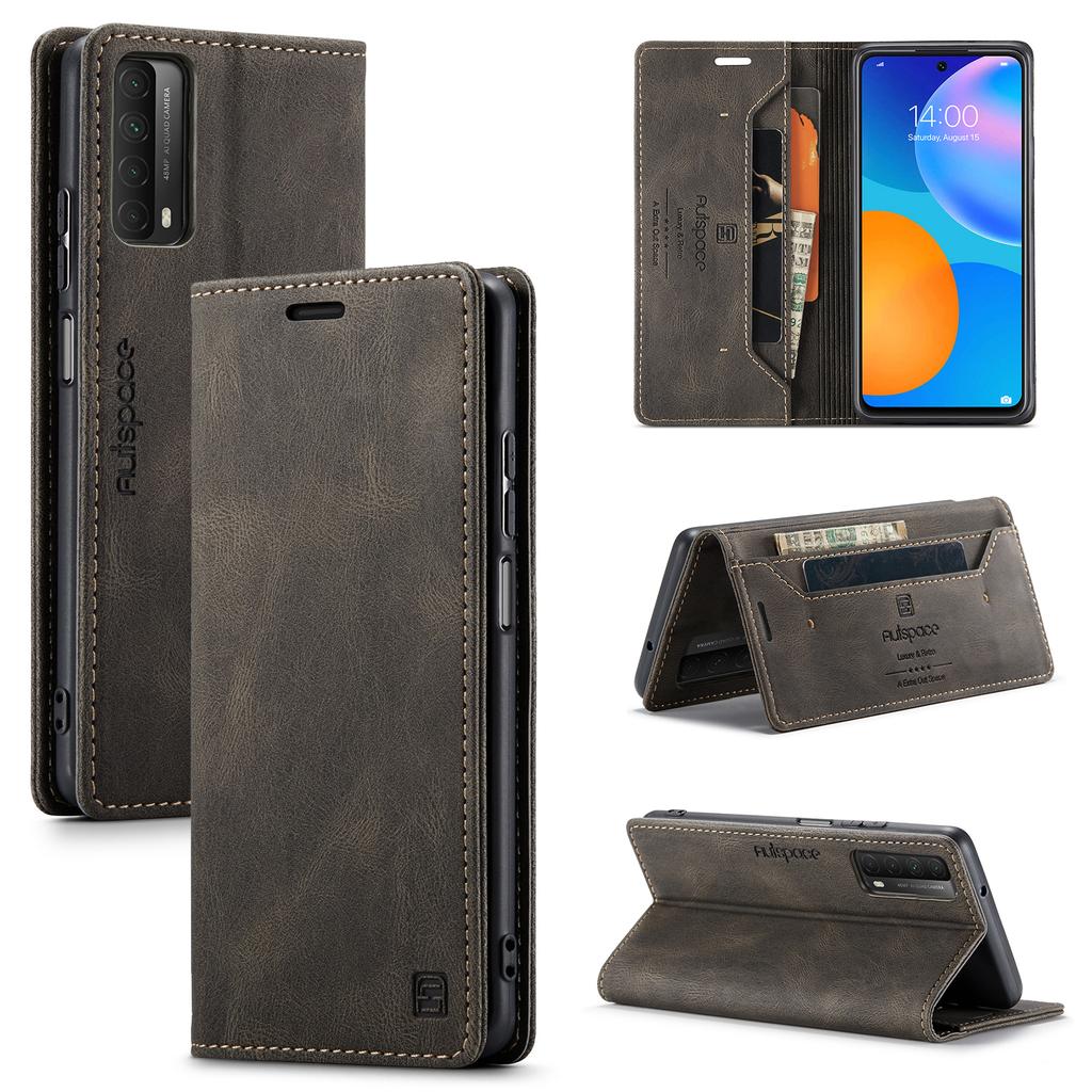 For Huawei Y7a/Huawei P smart 2021 Wallet Case AUTSPACE A01 Leather Stand Cover with RFID Blocking Card Holder