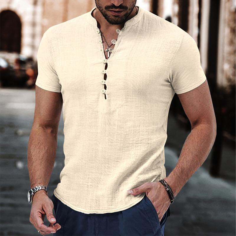 Men's Solid Color Cotton and Linen Short-sleeved Shirt Summer Casual Henry Collar Shirt Button V-neck Pullover Loose Top S-XXXL