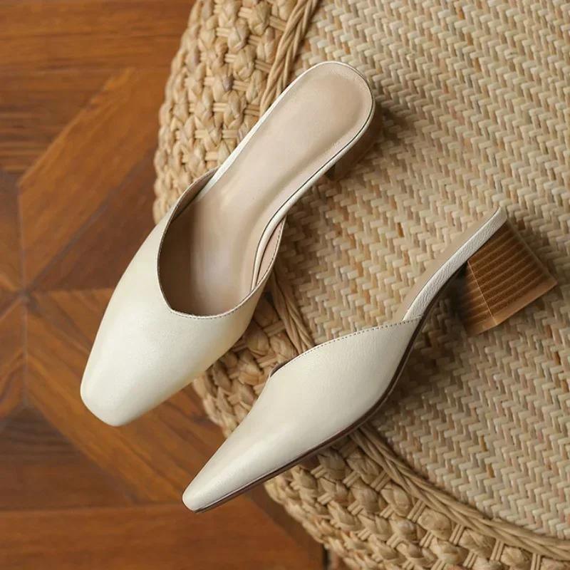 Летние женские полутапочки Baotou без шнуровки, однотонные женские мюли с квадратным носком на толстом высоком каблуке, Zapatillas Mujer