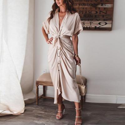 Мода Женщины Элегантное Платье-рубашка с отложным воротником Летнее с коротким рукавом и разрезом Вечерние Офисные Женские платья