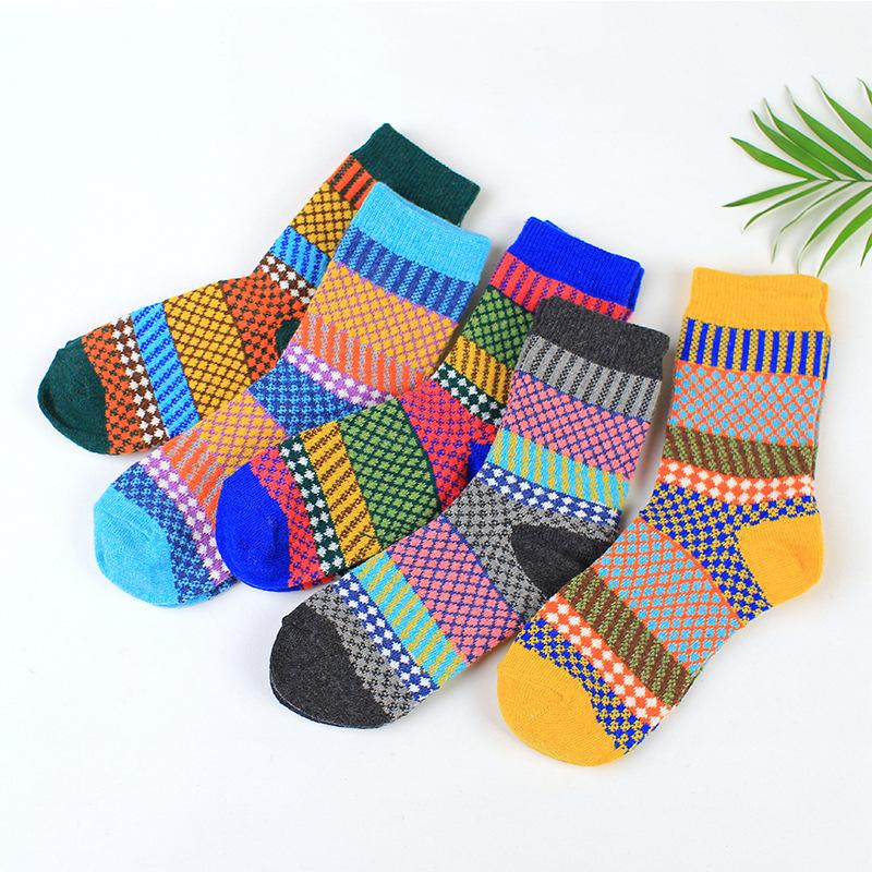 5 пар толстых и теплых носков из кроличьей шерсти для женщин на осень и зиму, в тонкую клетку и в художественном стиле, кашемировые женские носки