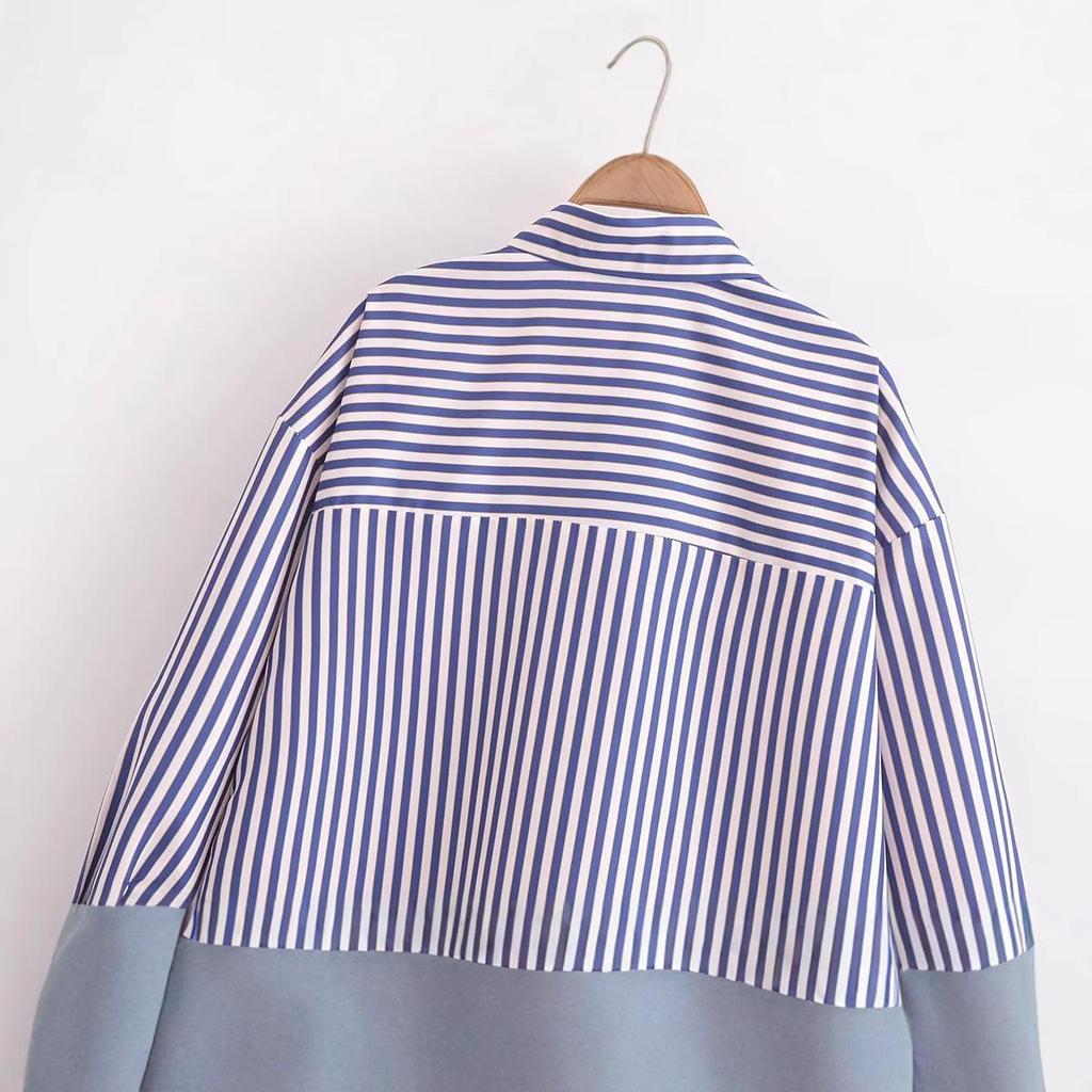 2025 Spring Women's Metallic Thread Striped Long Sleeve Shirt with Turn-Down Collar, European & American Style.