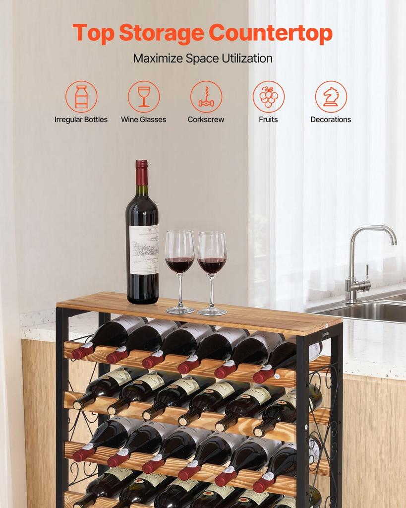 48 Bottle Wine Rack,8-Tier Iron Wine Bottle Holder With Wood Table Top,Freestanding Floor Display Wine Storage Shelves,For Kitchen Pantry, Cellar,