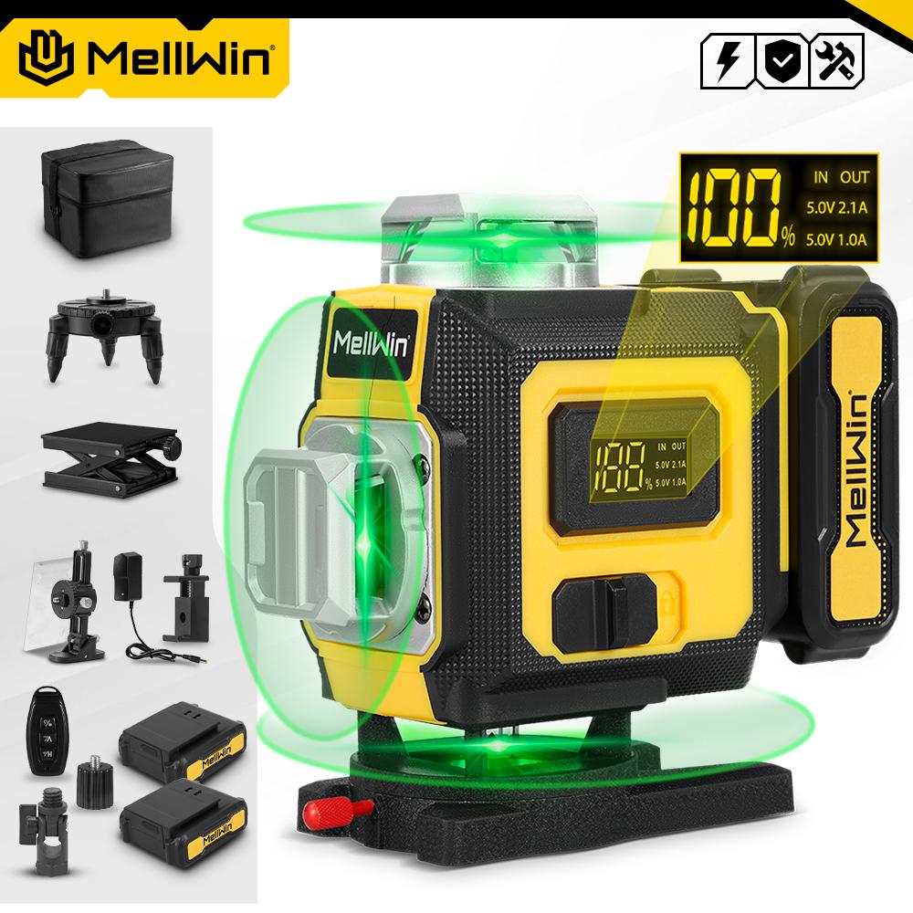 MELLWIN Профессиональный 16-линейный 4D лазерный уровень с пультом дистанционного управления через приложение – 360° горизонтальный и вертикальный самовыравнивающийся лазерный инструмент с зеленым лучом