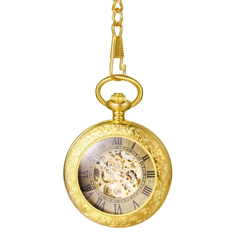Pocket Watch Automatic Skeleton Antique Roman Analog Display Pocket Watch Waterproof Pendant Watch with Chain Gold Birthday Anniversary Christmas Day