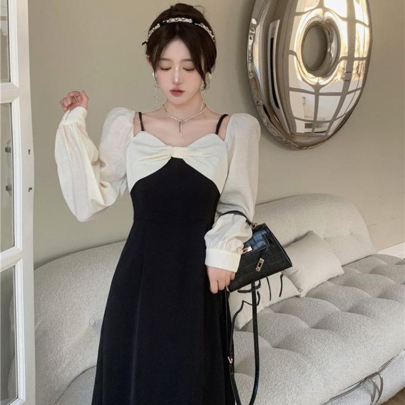 Темпераментное женское платье с длинными рукавами в стиле Хепберн, тонкая, с высокой талией, черная длинная юбка с лямкой на шее, плиссированная молния с дизайном