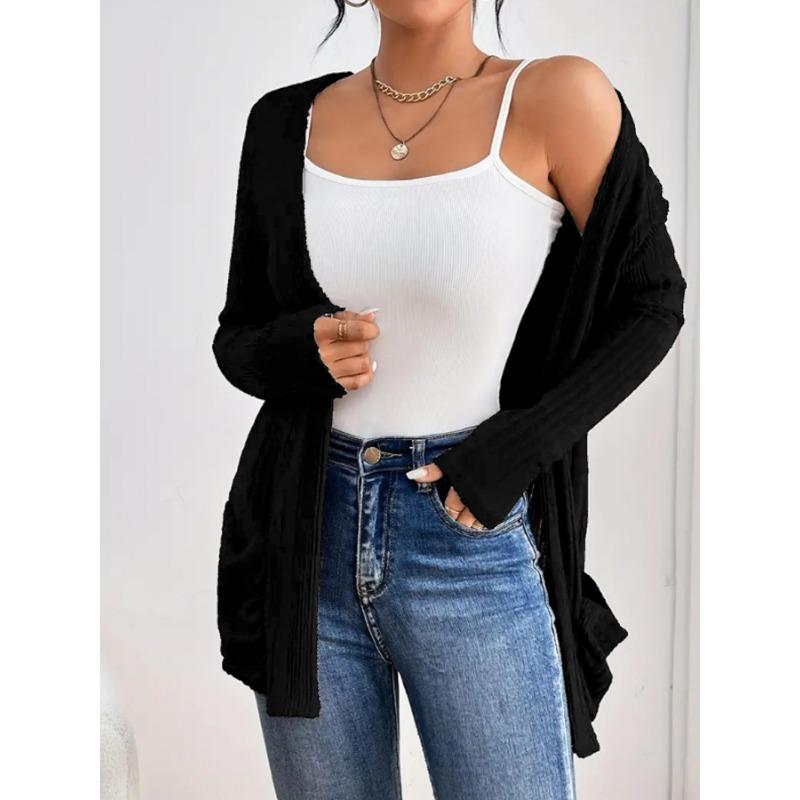 Осенне-зимний однотонный вязаный кардиган средней длины с длинными рукавами и карманом