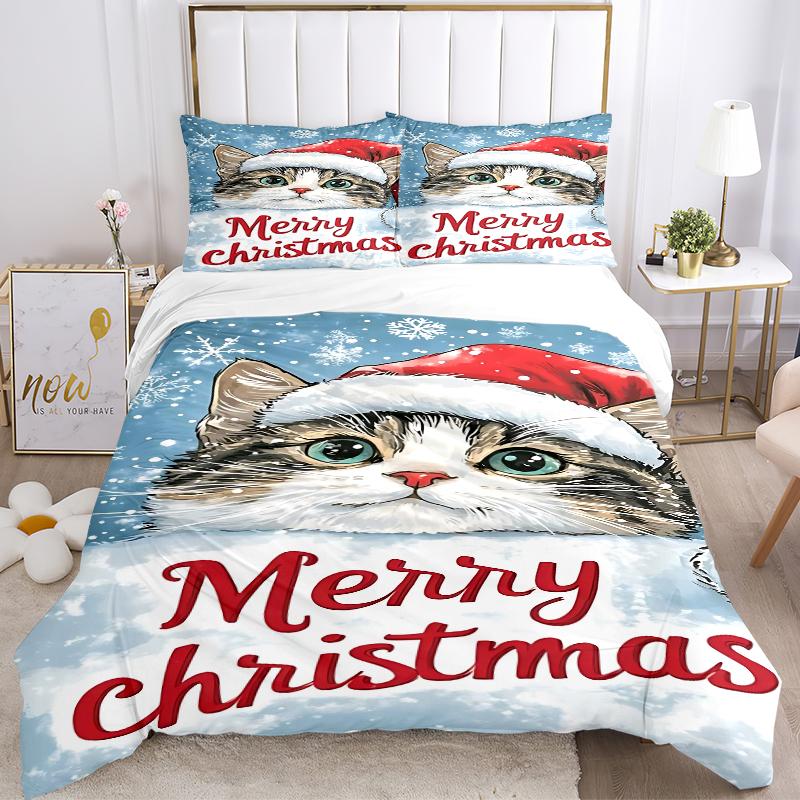 3Pcs Christmas Cat Card Bedding Sets For All Sizes New 3D Printed Bed Cover Comforter Duvet Cover Pillowcase Bedroom Decoration