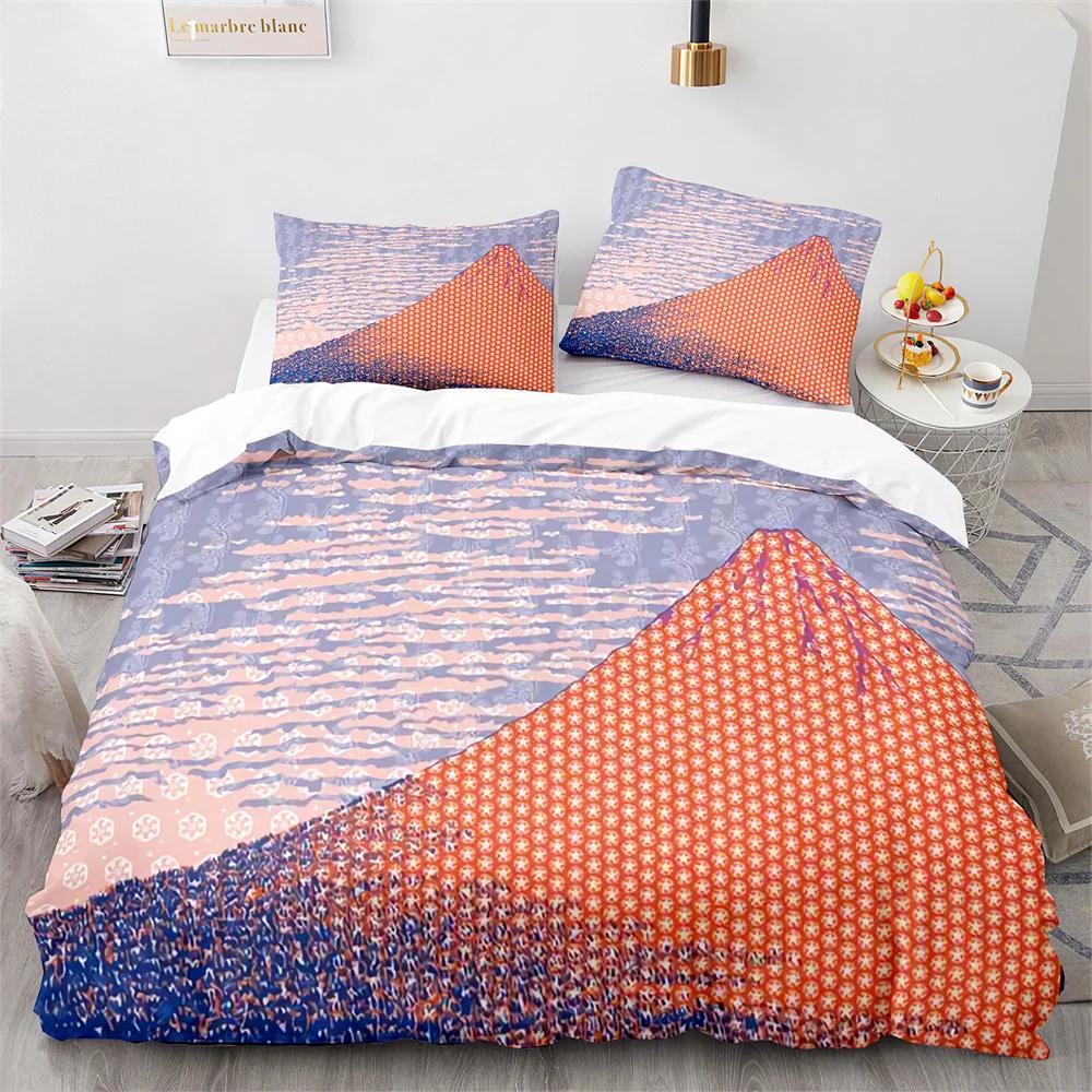 Комплект постельного белья в японском стиле Ukiyo-e из полиэстера с изображением цветущей вишни и снежных гор, пододеяльник King Queen Full Size