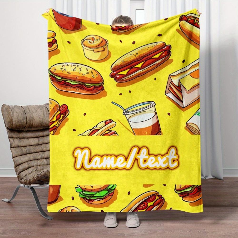 Custom name hamburger-themed flannel blanket, soft blanket, suitable for sofas, beds, birthdays, children, friends, gifts