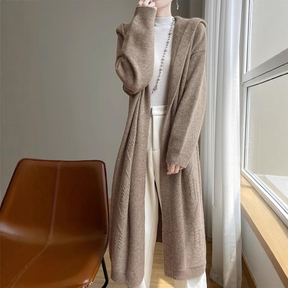 Women's Hooded Over-the-Knee Wool Knitted Cardigan - Thick, Loose, Buttonless Outerwear for Autumn/Winter