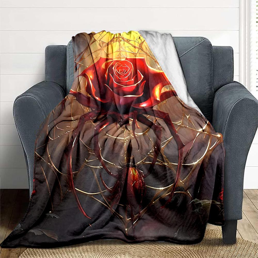 1pc Rose Spider Print Blanket - Lightweight Flannel Throw Blanket For Sofa, Bed, Living Room, Office, Outdoor Travel, Camping, Soft All-Season Throw
