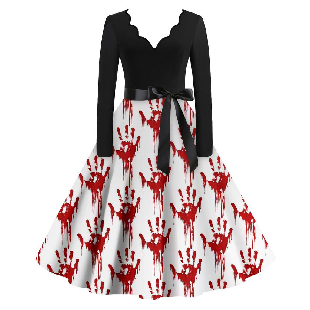 Женские повседневные модные винтажные длинные платья с длинным рукавом на Хэллоуин и графическим принтом