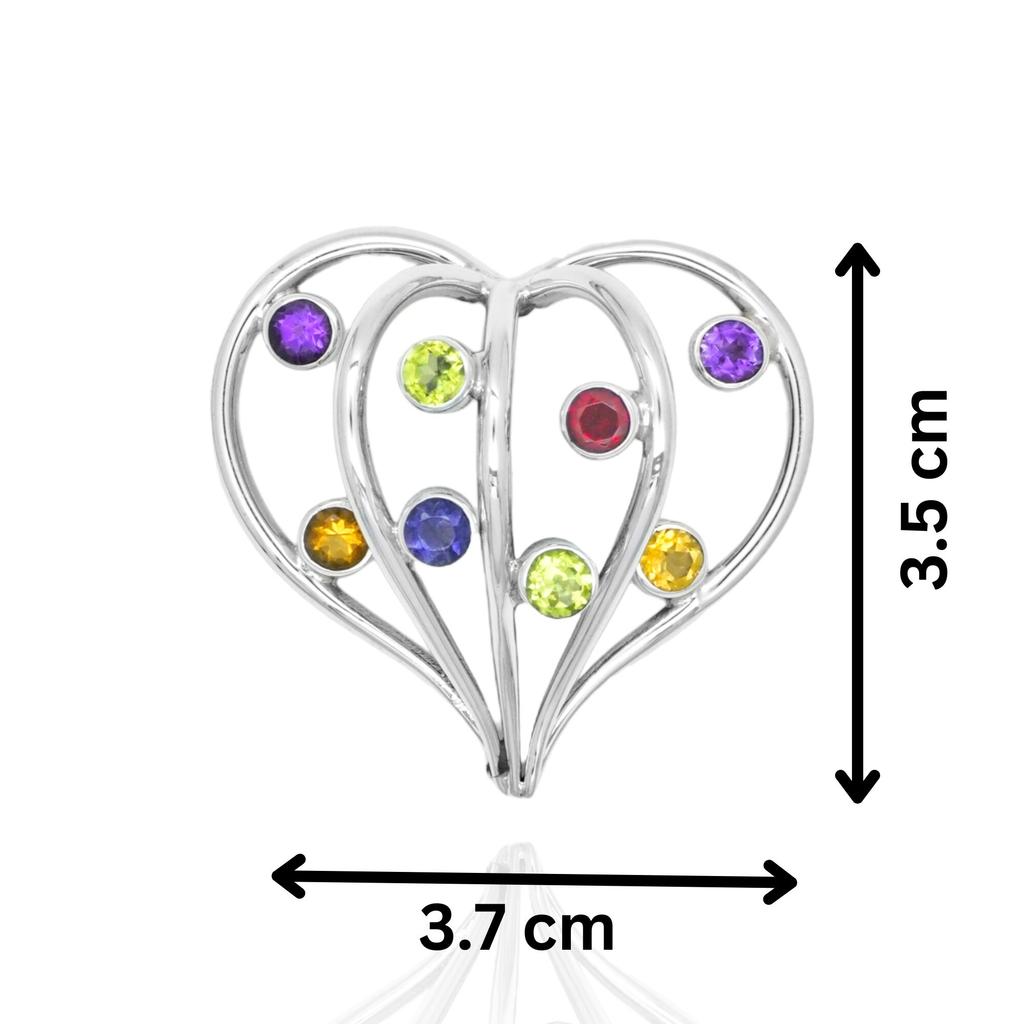 Sterling Silver Multi-Gemstone Heart Pendant: Amethyst, Garnet, Peridot