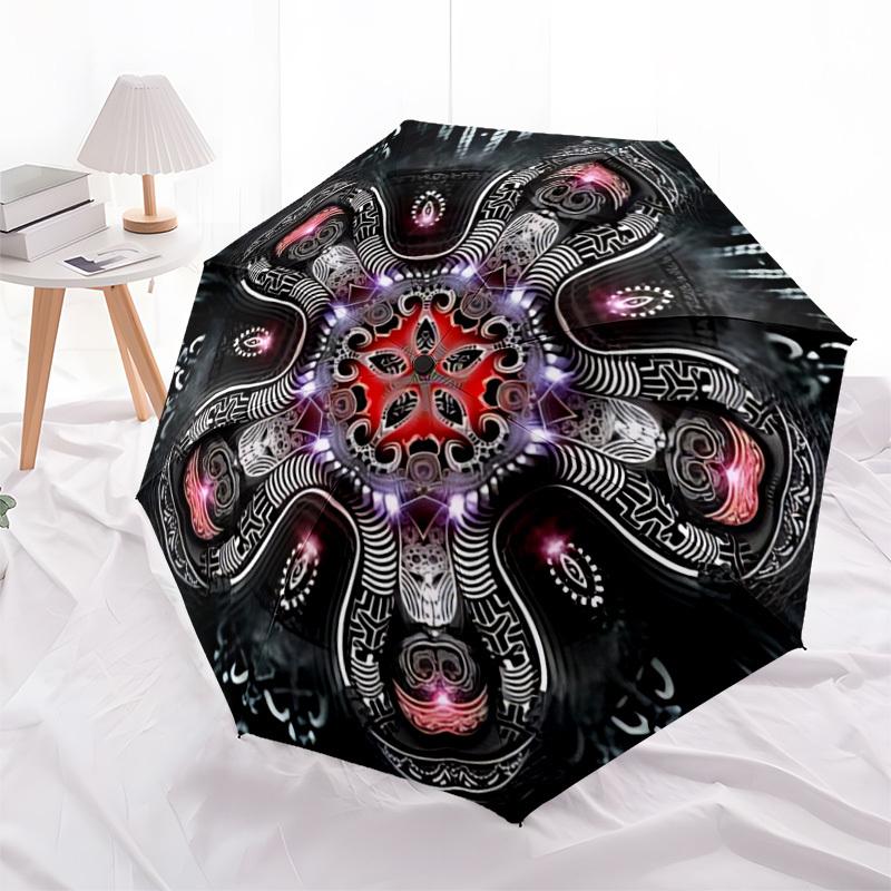 1PC Psychedelic Mandala Automatic Open/close Umbrella with 8-Rib Structure for Women/Men, All-Season Use - Travel Essential, Stylish Accessory, Highqu