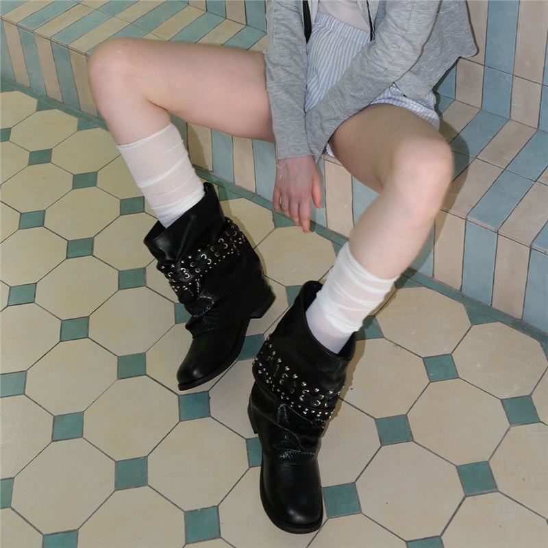 Skinny Riveted Pants Boots Autumn New Round Head Pile Western Cowboy Boots Retro Spice Girl Boots Women