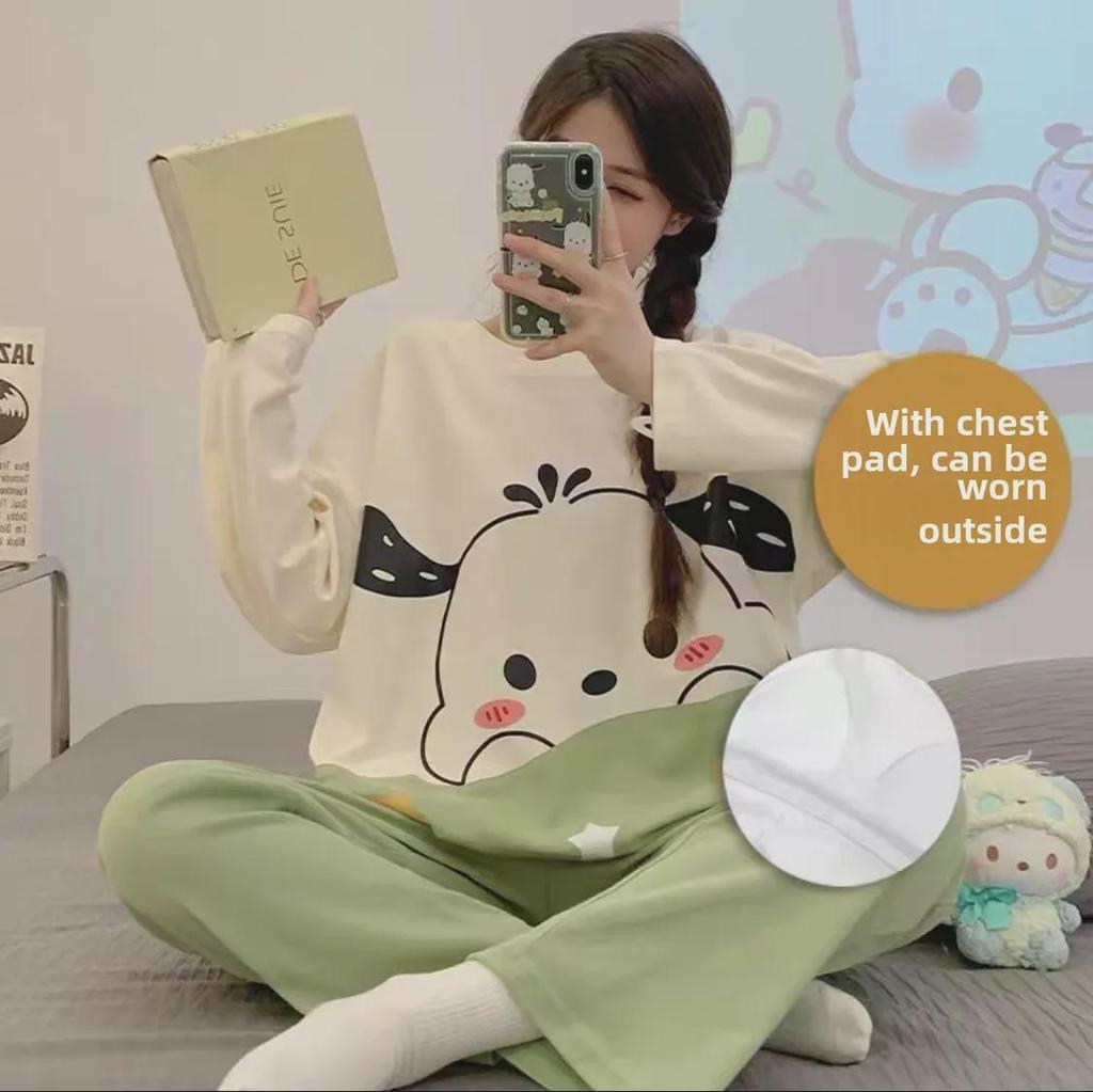 Женский пижамный комплект с рисунком из мультфильмов на весну/осень с нагрудными накладками, длинными рукавами и брюками — свободный, удобный и подходит для ношения на открытом воздухе