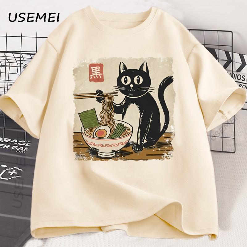 Funny Black Cat Ramen Tshirt Men Women Japanese Graphic Tees Kawaii Cat Anime Print T Shirt Casual Short Sleeve Mens Clothes