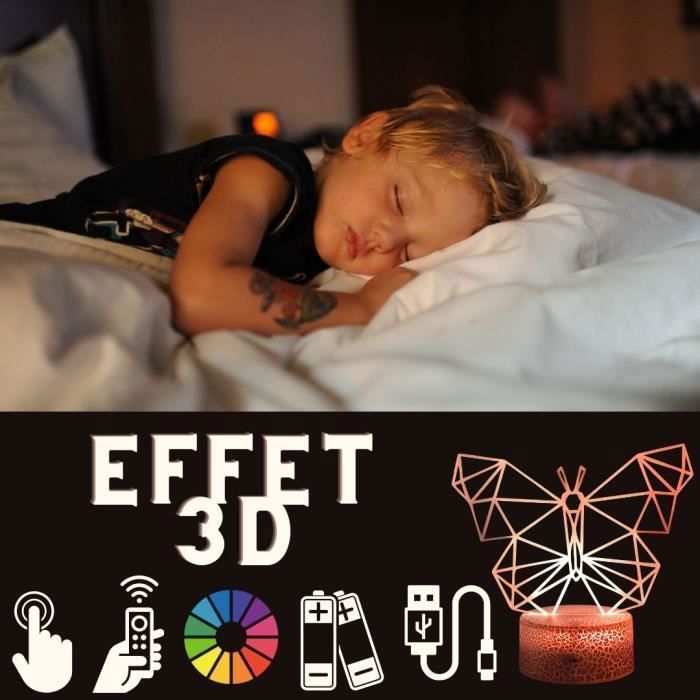 Lampe de chevet 3D led Papillon Hologramme, Veilleuse changement de couleurs 16, Lampe tactile bureau et chambre Enfant, ambiance