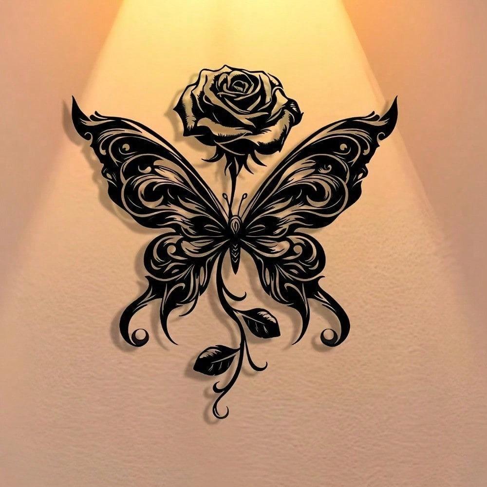 1 PC of Black Iron an Elegant Butterfly with A Rosey Metal Wall Art - Modern Home Decor for Bedroom, Living Room, or Bathroom.