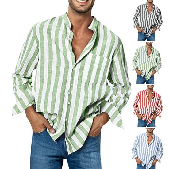 Men Shirt Long Sleeve Stand Collar Loose High Elasticity Casual Dress-up Stripe Printing Striped Shirts Casual Linen Buckle Top for Dating