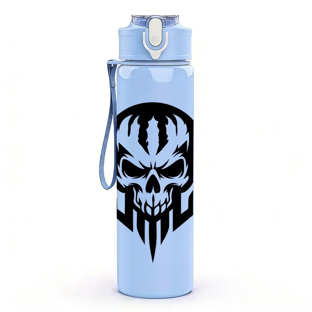 1PC Black Skull Warrior Head Print 750ml Color Plastic Sports Water Bottle Leakproof Flip Straw Lid Suitable for Sports Office Home Use