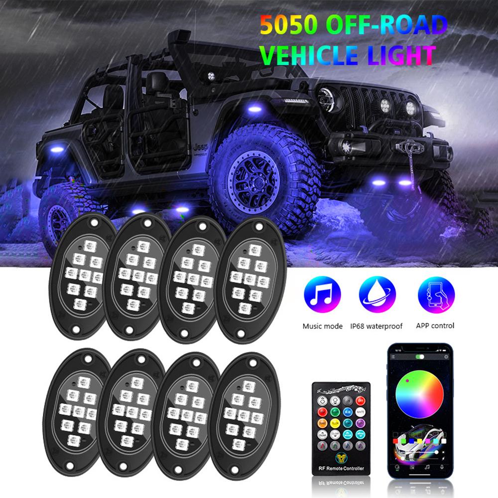 4/6/8/10/12Pods RGB LED Rock Lights Kit Bluetooth APP Control  Music Neon Car Underglow Lamp for Offroad Truck SUV 4x4 ATV Boat