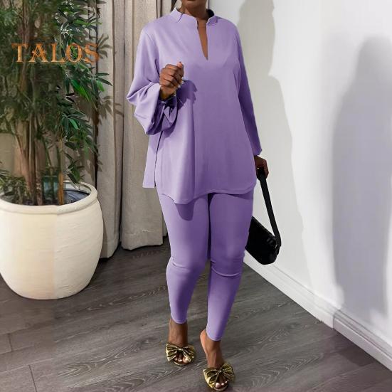 2 шт./компл., женский топ, брюки, комплект с воротником-стойкой и длинным рукавом, свободная блузка с разрезом по краю, эластичная талия, облегающие брюки, повседневная одежда, летняя одежда