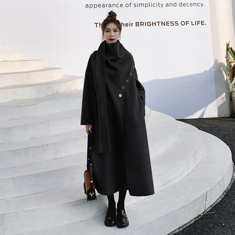 Серый дизайн двухстороннее кашемировое пальто для женщин средней длины зимнее новое стильное шерстяное пальто с шарфом Aura