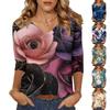 Женские топы, рубашка с рукавом три четверти, свободная повседневная рубашка с V-образным вырезом, футболка с цветочным принтом