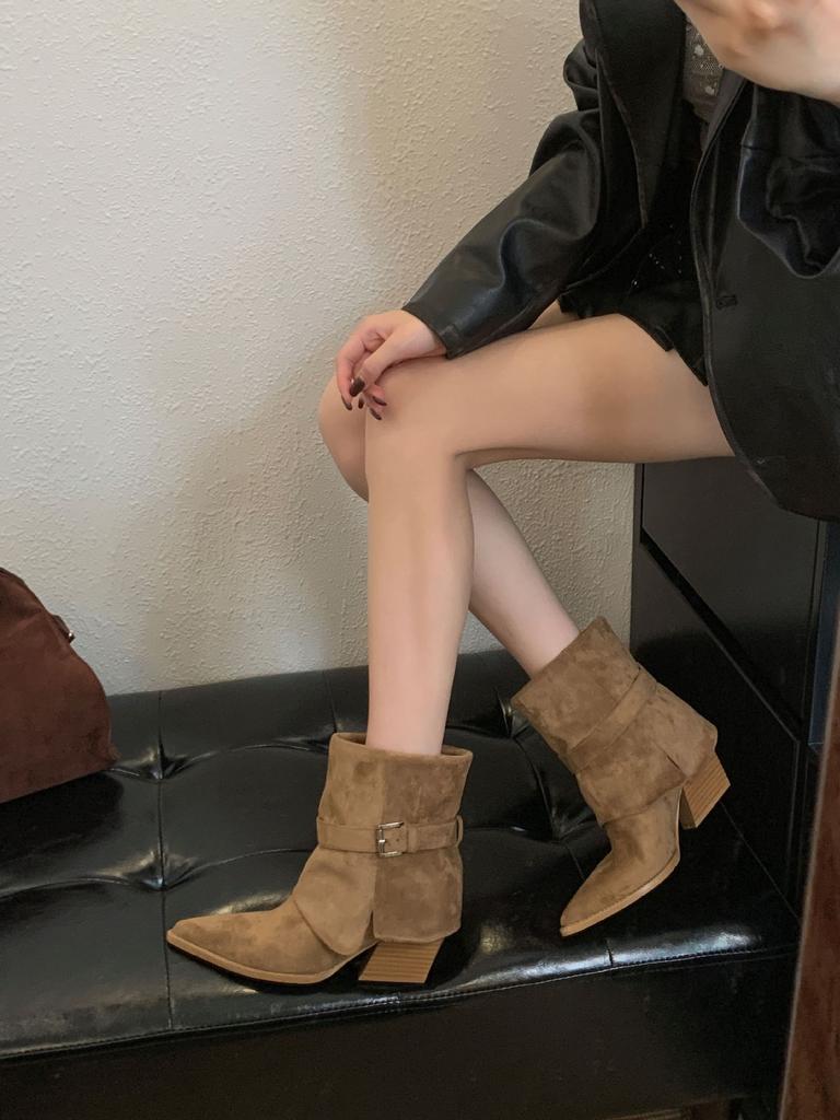 European and American Thick Heel Suede Belt Buckle Trouser Boots French Temperament Pointed Short Boots Women's Boots New In Autumn 2025