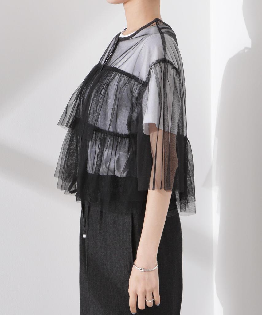 Nano Universe Tulle Tiered F Women's Blouse, 010, Black, 673-5121320