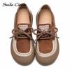 Женская повседневная обувь из натуральной кожи с круглым носком и шнуровкой на плоской подошве, модная удобная женская обувь