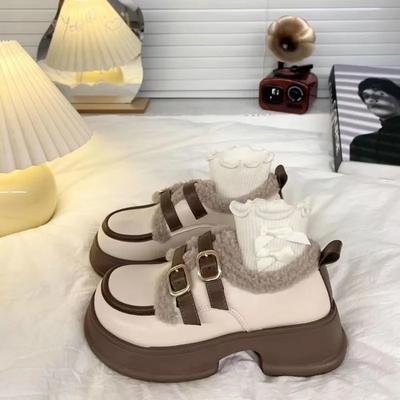 Осенне-зимние женские туфли Мэри Джейн с круглым носком, новые удобные и теплые мокасины, повседневные, универсальные, на толстой подошве, высокие каблуки для женщин