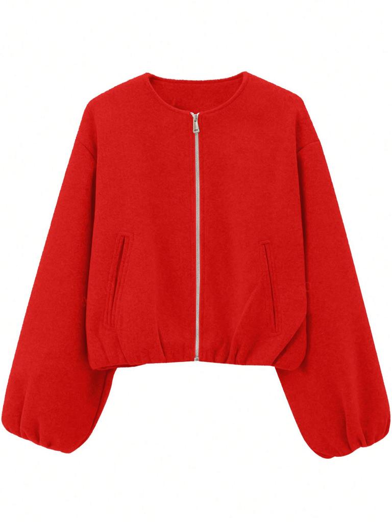 Women's Autumn/Winter Bomber Jacket - Round Neck, Drop Shoulder, Lantern Sleeve, Street Style Zip Cardigan