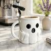 Spooky Home Desktop Decor Halloween Ice Cream Mug with Spoon Holder, 3D Printed Cute Ghost Mug, Reusable Wide Mouth Tumbler Drinking Cup Pen