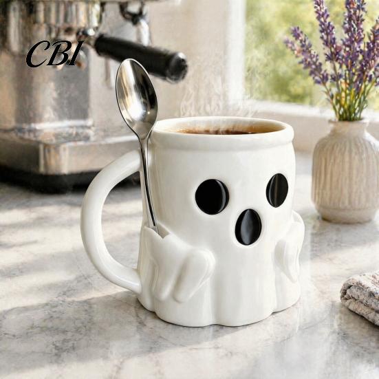 Spooky Home Desktop Decor Halloween Ice Cream Mug with Spoon Holder, 3D Printed Cute Ghost Mug, Reusable Wide Mouth Tumbler Drinking Cup Pen
