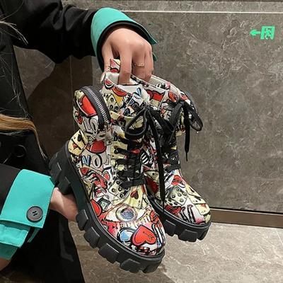 Женские ботильоны на толстой подошве, модная женская обувь с принтом, высококачественные нескользящие мотоциклетные ботинки, новые женские ботинки в готическом стиле