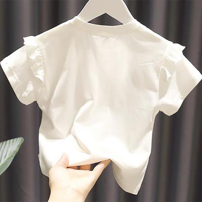 Летняя футболка для девочек, милая кружевная футболка в корейском стиле с короткими рукавами, свежая и удобная базовая футболка для маленьких девочек