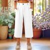 Capris Pants For Women Cotton Linen Casual Summer Straight Wide Leg Loose Drawstring Elastic Waist Cropped Trouser