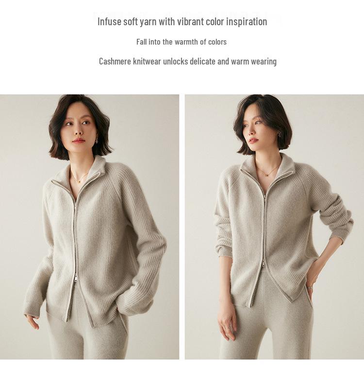 Women's Long Sleeve Cashmere Knit Zipper Cardigan - Cozy Lapel Sweater Outerwear