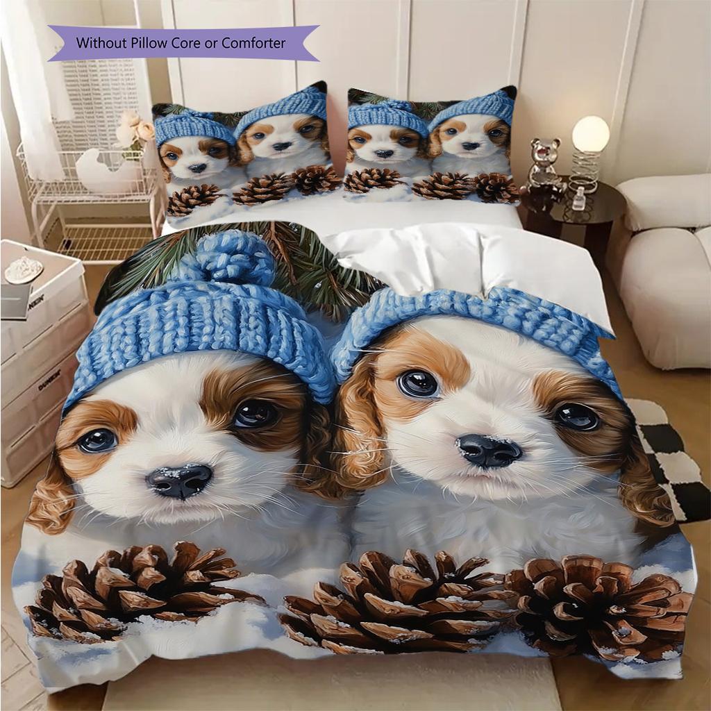 Puppy Pattern Bedding Quilt Set Quilt Cover Pillowcase Home Decoration Birthday Gift (1 * duvet cover + 2 * pillowcase, without core)