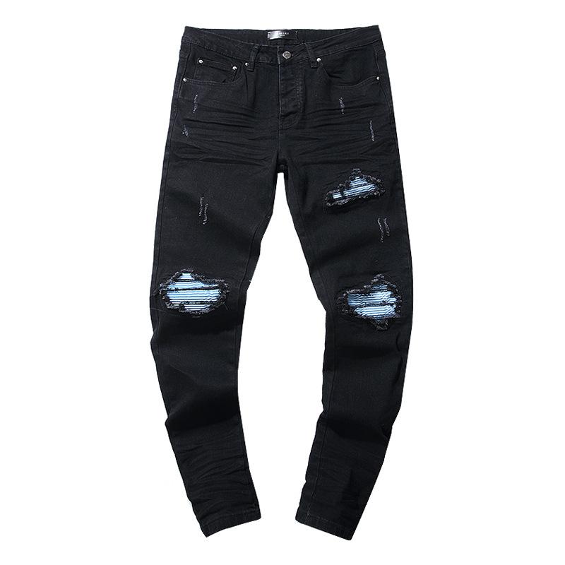 Fashion American High Street Hole & Patch Trendy Retro Straight Ami Denim Pants