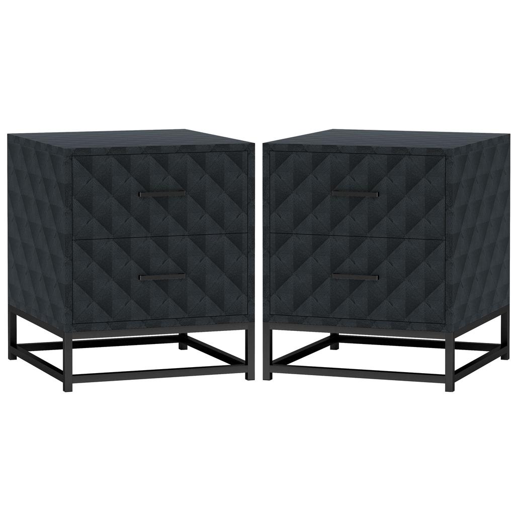 Bedside Tables Set of 2, Modern Bedside Table Nightstand with 2 Drawers, Bedside Cabinet Sofa Side Table with Storage, Steel Legs for Bedroom