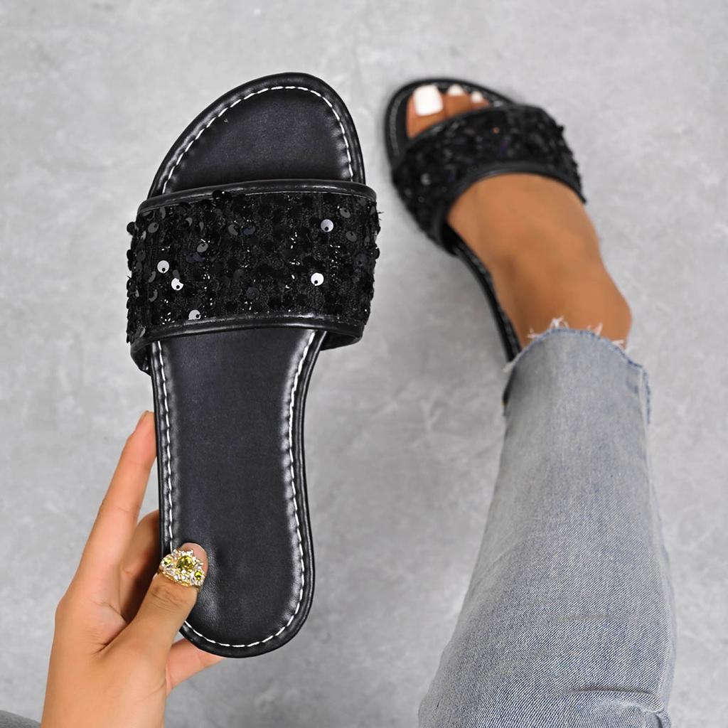 Женские тапочки 2025 Элегантные летние уличные тапочки Женские блестящие пайетки Плоские сандалии Большой размер Легкая обувь Шлепанцы Женские