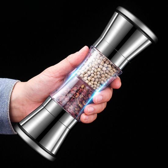 Измельчитель соли из нержавеющей стали. Регулируемая степень грубости. Легко чистится. Двойная головка. Измельчитель 2 в 1 для приправ.